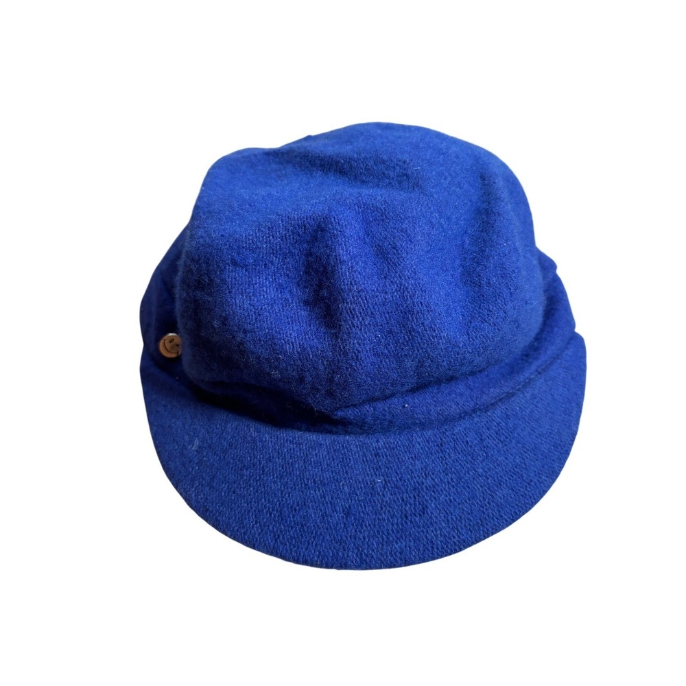 Joe Boxer Y2K Royal Blue Wool Blend Newsboy Cabbie Hat Smiley Face Pin OSFM 90s